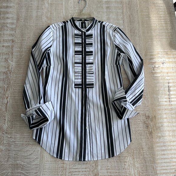 Ann Taylor Black White Striped Ruffle Long Sleeve Cotton Shirt/Blouse/Top Size 6 - Picture 2 of 9